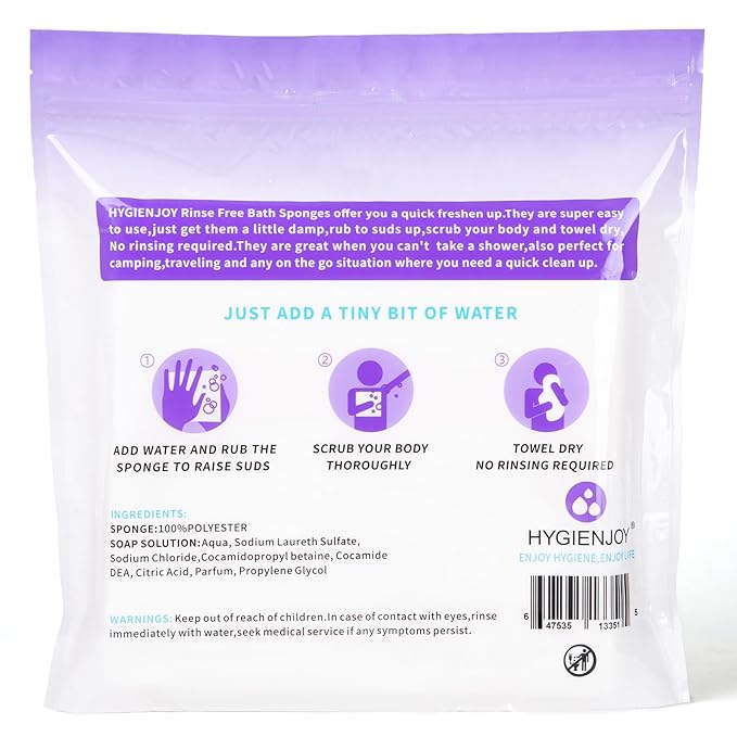 HYGIENJOY-21% Lager Rinse Free Bath Sponges for Adults-Disposable No Rinse Bathing Wipes-Soap Infused,Dry Shower Wipes for Elderly,Camping,Post Surgery Must Haves,(Lavender 25 Counts）
