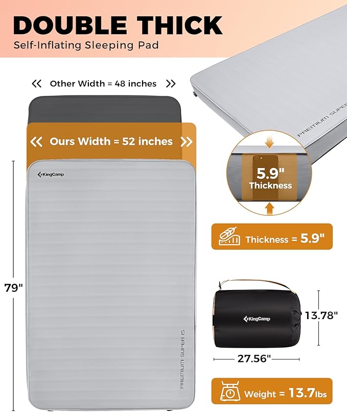 KingCamp Self Inflating Sleeping Pad, 6" Ultra Thick R 15.5 Air & Foam Camping Mattress 2 Person, Full Size Double Sleeping Pad for Camp Tent Outdoor Car, PVC Free (Mediumgrey)