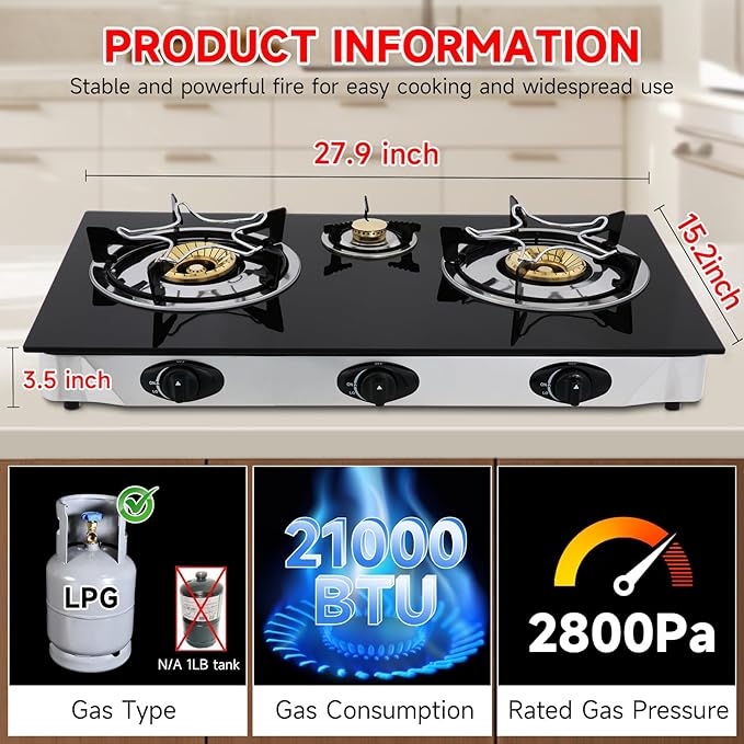 Propane Gas Cooktop,3 Burners Gas Stove portable gas stove, 0.28"Tempered Glass, Auto Ignition Camping 3 Burner LPG for RV,Apartments,Outdoor