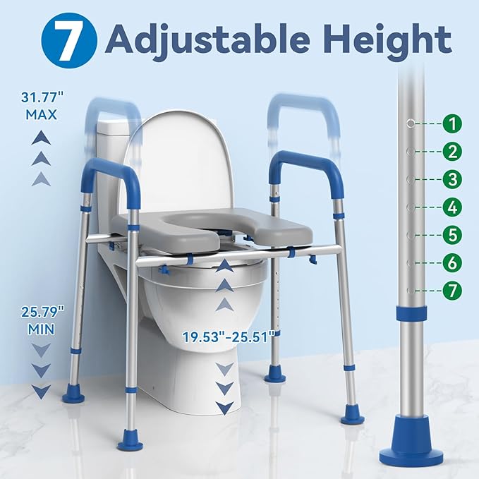Toilet Seat Risers for Seniors, Padded Raised Toilet Seat with Handles, Adjustable Height Toilet Riser, Handicap Elevated Seat 400lb, Fit Any Toilet
