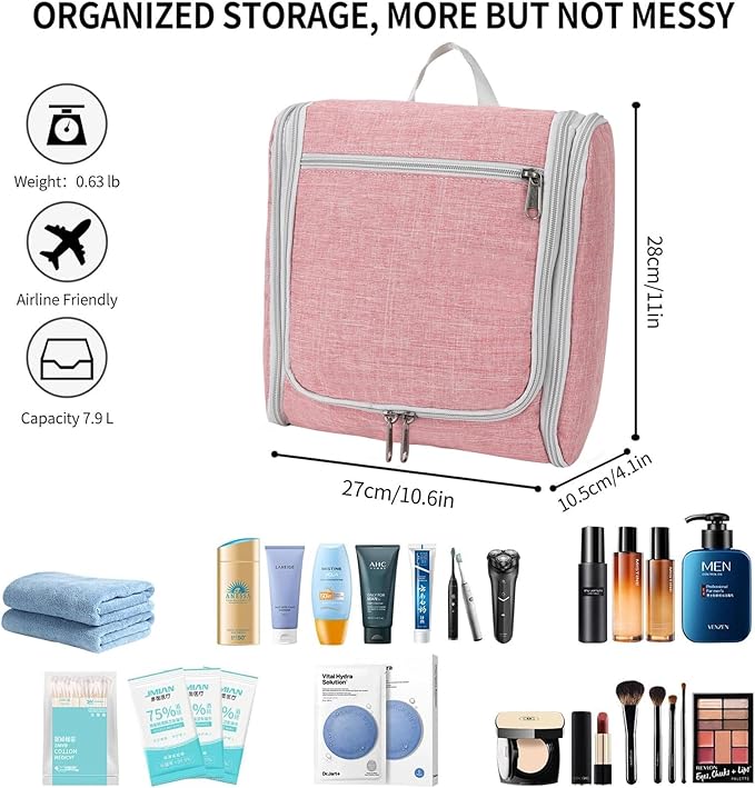 Della Gao Big Capacity Portable Travel Hanging Toiletry Bag Men and Women, Cosmetics Makeup Bag Toiletries Organizer, Water-Resistant Nylon Bathroom Bag, Pink