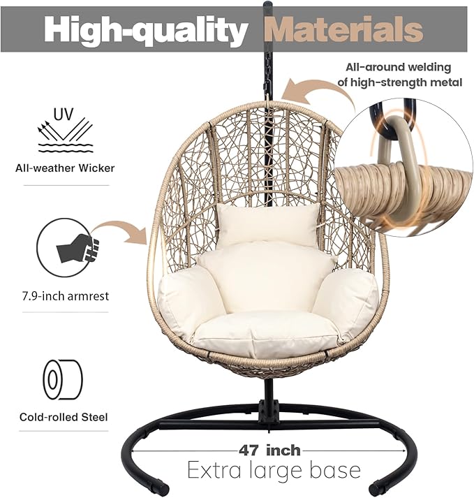 Oversized Hanging Egg Chair Outdoor Wicker Swing Chair with Stand Rain Cover UV Resistant Cushion 400lbs Capacity for Patio, Garden and Balcony