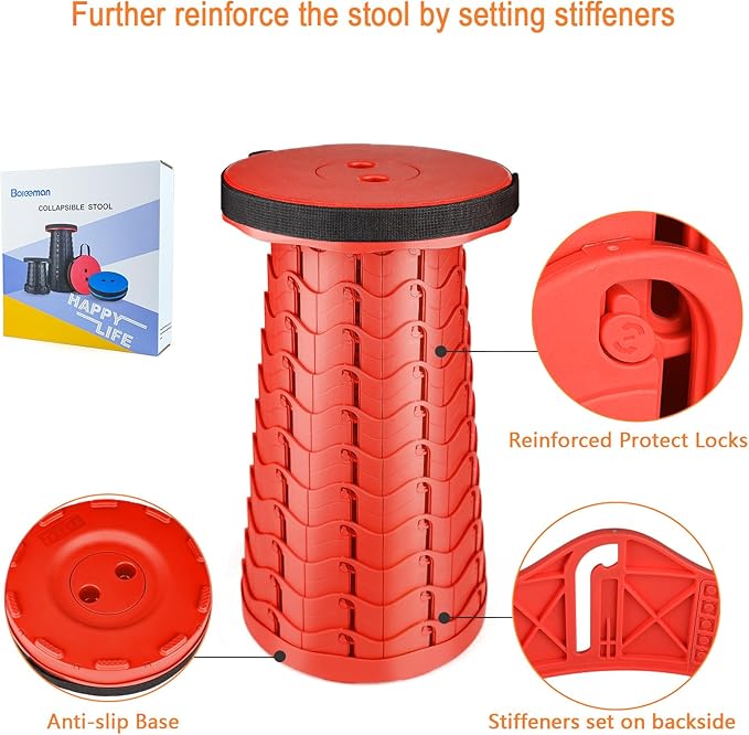 Boreeman Upgraded Folding Stool Lightweight Yet More Sturdy with Load Capacity 400lbs Portable Collapsible Stool for Camping Fishing Hiking BBQ (All Red)