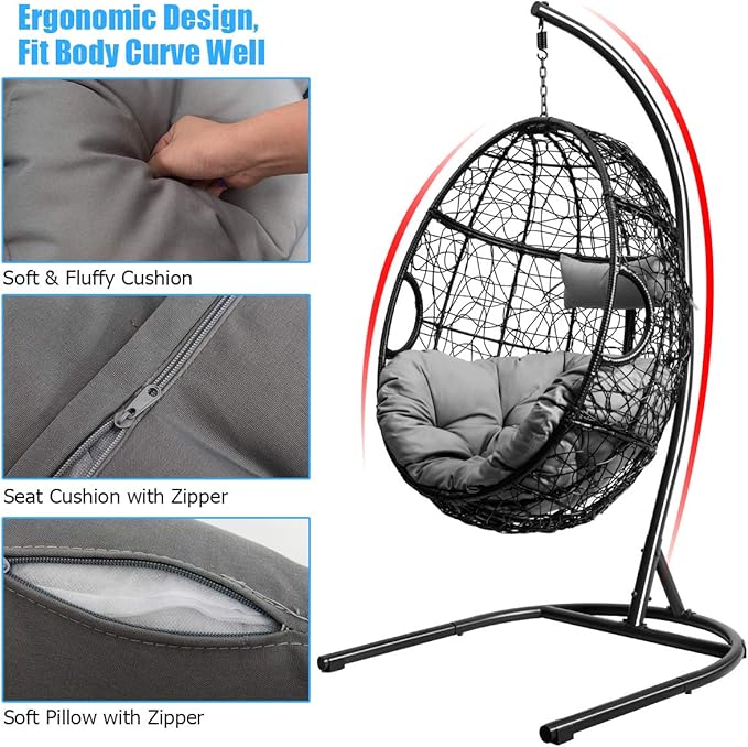 Giantex Hanging Egg Chair, 36.5-Width Oversized Swing Chair with C-Hammock Stand Set, Hammock Chair with Soft Seat Cushion & Pillow, Multifunctional Hanging Chairs for Outdoor Indoor Bedroom (Gray)