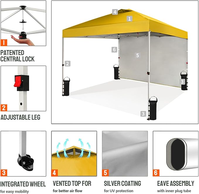 CROWN SHADES 10x10 Pop Up Canopy with 1 Side Wall - Beach Tent with One Push Setup - Outdoor Sun Shade for Events, Parties, Camping - Gazebo with STO-N-Go Cover Bag (Yellow)