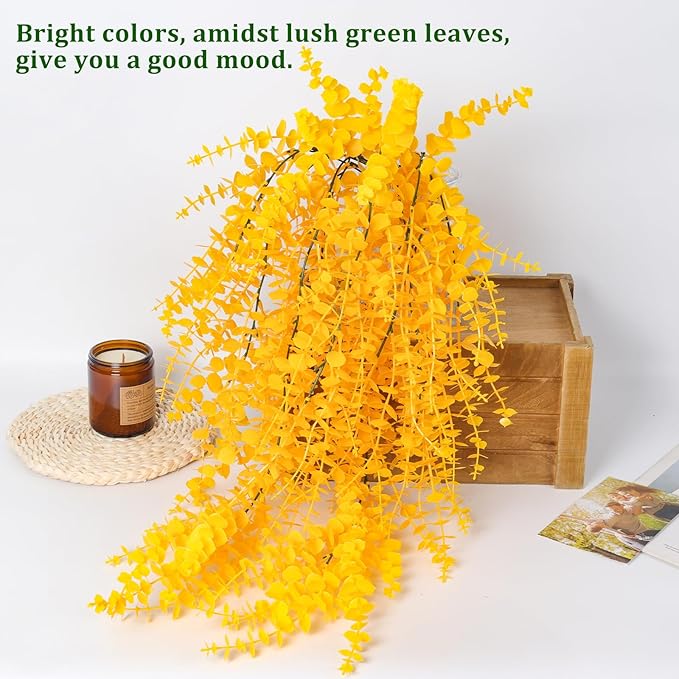 RECUTMS Aritificial Hanging Plant 3 Pack Fake Eucalyptus Leaves Faux Yellow Vine Plant Hanging for Indoor Home Room Wall Outdoor Garden Party Proch Wedding Backyard Arch Decoration(Pure Yellow)