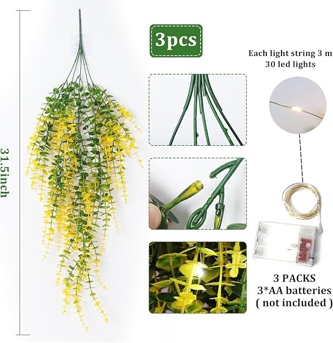 3 Packs Hanging Money Plants Faux Hanging Plants Indoor Fake Hanging Planta Artificial Hanging Plants for Room Wall Kitchen Garden Outdoor Bathroom Wedding Courtyard Autumn Party Decorations(Yellow)
