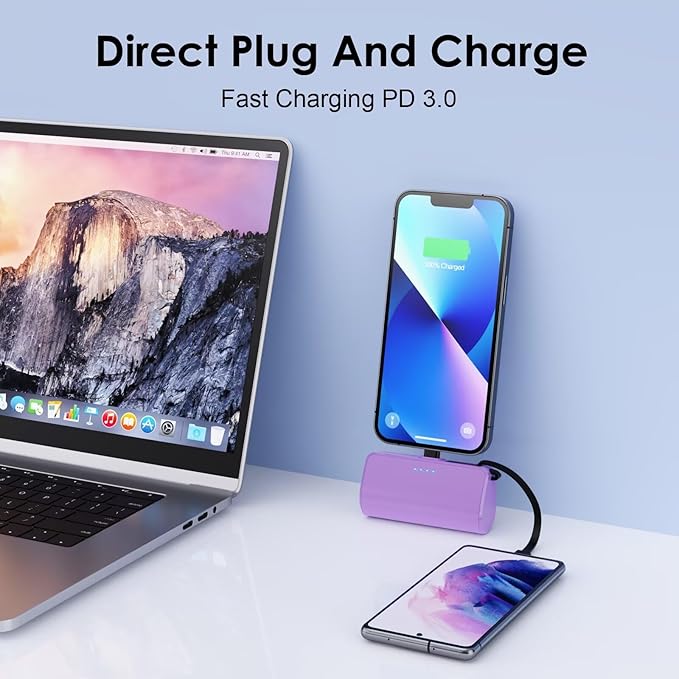 Mini Portable Charger for iPhone with Built-in Type-C Cable, 5200mAh Ultra-Compact Power Bank, PD 20W Fast Charging Battery Pack Phone Charger for iPhone 16/15/14/13, Samsung, Google, Android (Purple)