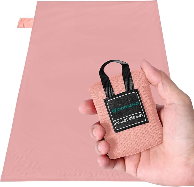 Odoland Beach Picnic Blanket, 43.3" x 27.5" SandProof Waterproof Outdoor Pocket Blanket with Portable Bag, Foldable Lightweight Sand Free Beach Mat for 1 People Hiking, Camping, Travel, Pink