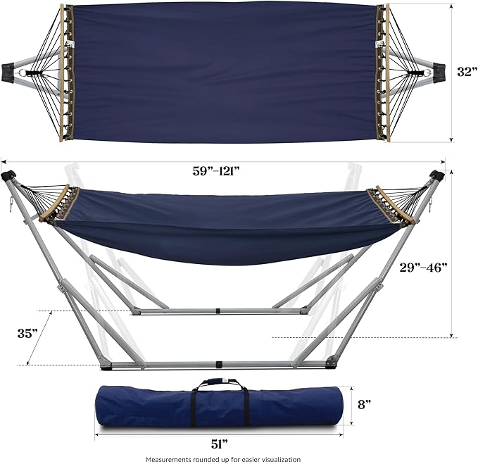 Tranquillo Ultimate Relaxation Portable Hammock Stand, Foldable Hammock Stand with Canvas Hammock, Spreader Bar, Quick Fold Unfold in 30 Seconds Steel Frame Hammock 600 lbs Capacity, White/Navy