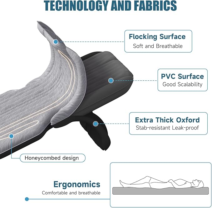 Inflatable SUV Air Mattress: Double-Sided Flocking Car Mattresses for Back SUV, Travel Camping Sleeping Bed with Air Pump 2 Pillows
