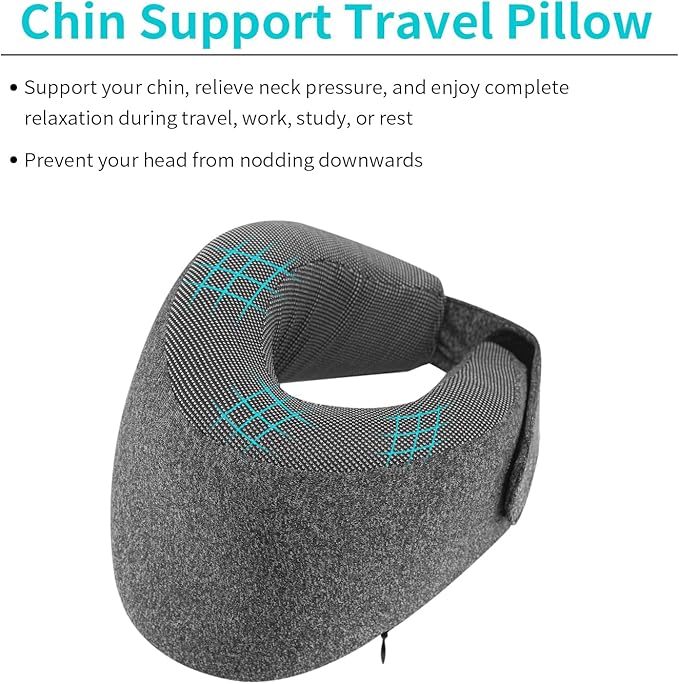 Patented Chin Support Travel Pillow for Sleeping，Innovative Travel Neck Pillows for Airplanes, 100% Pure Memory Foam Airplane Pillow for Long Flight - Dark Grey
