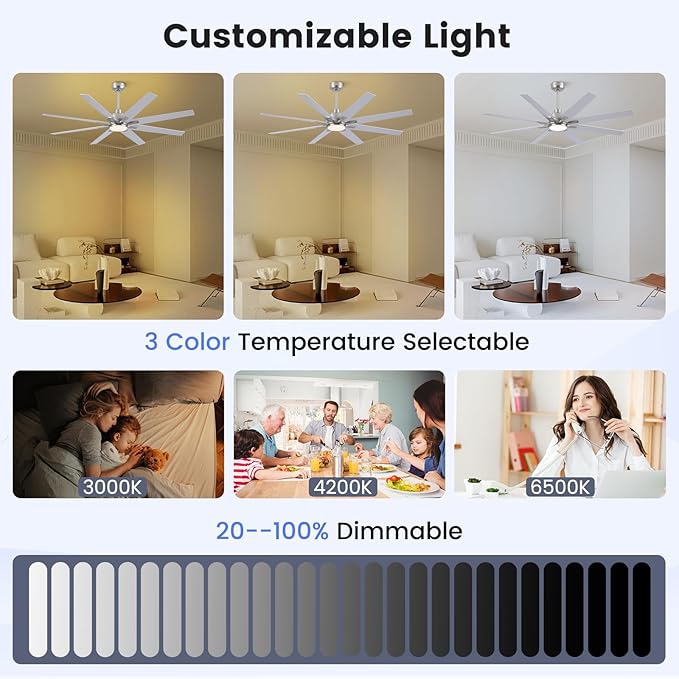 62 inch Brushed Nickel Ceiling Fan with Light & Remote, Indoor/Outdoor 8-Blade Fan, 6-Speed Silent Reversible DC Motor, 3CCT LED, Timer, 2 Downrods for Living Room/Patio