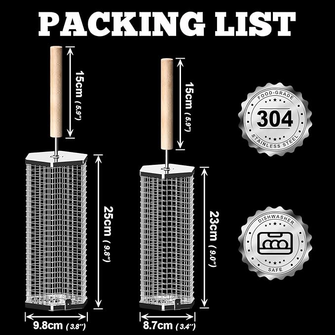 Rolling Grill Baskets (2PCS, Hexagon), Removable Wooden Handle, 304 Stainless Steel, Nesting Grilling Net, BBQ Accessories Tools for Vegetables Shrimp, Outdoor Cooking Camping, Birthday Gifts for Men Dad Husband