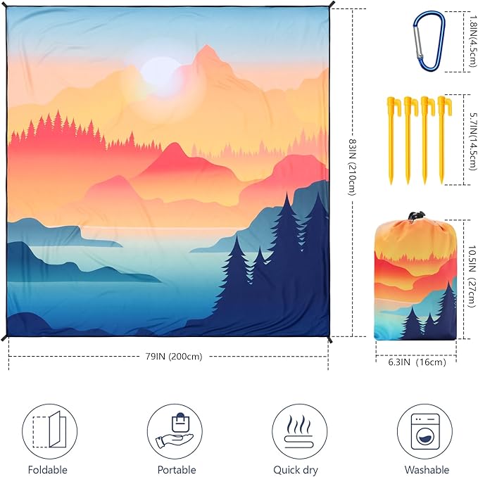 Beach Blanket Waterproof Sandproof Beach Mat 79" X 83"/10'x9'for 2-8 Adults Quick Drying Outdoor Picnic Mat Beach Accessories for Travel, Camping, Hiking