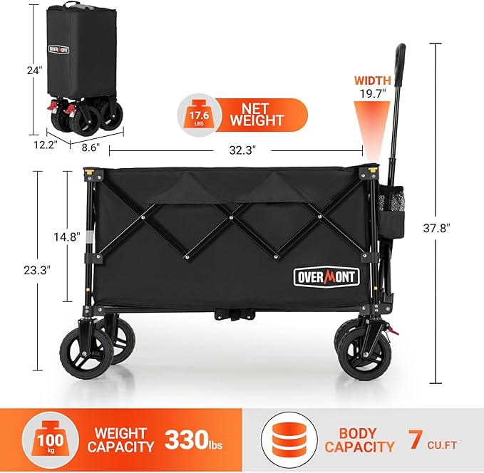 Overmont Ultra-Compact Collapsible Wagon Cart -200L Portable Folding Wagon with All-Terrain Wheels Utility for Beach, Grocery Shopping, Camping, and Gardening – 330lbs Load Capacity Black