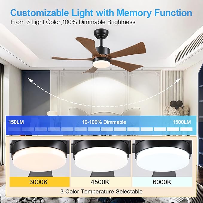 42 inch Ceiling Fans with Lights, Modern Ceiling Fan with Remote Control App, DC Motor Quiet, 3CCT Dimmable Memory, Led Sloped Flat Ceiling Fan with Light for Bedroom Indoor&Outdoor Patio Wood Brown