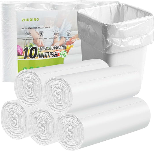 Zhuqing 3 Gallon Trash Bags, 10L Biodegradable Garbage Bags, 100 Counts Compost Wastebasket Liners Bags for Kitchen Bathroom Office, White