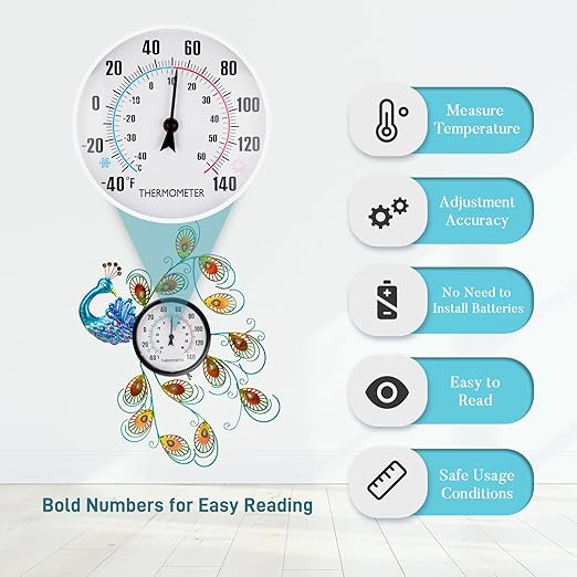 23 inch Outdoor Thermometer, Large Thermometer Outdoor Waterproof, Peacock Decorative Outdoor Thermometers, Outside Thermometer for Patio, Garden, Backyard, Living Room