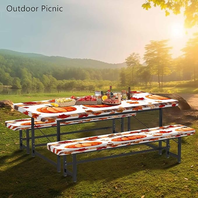 CAPSCEOLL Fitted Picnic Table Cover with Bench Covers with Elastic 6Ft Waterproof Camping Picnic Table Cover Cloths for Outdoors Camping Tablecloth with Drawstring Bag, 72X30in, Pumpkins Leaf