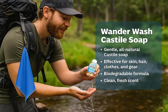 Elite Trail Magic- Wander Wash Biodegradable Castile Soap – Ultralight 1 oz Concentrated Liquid Soap for Camping, Travel & Backpacking – All Purpose, Unscented, Made in USA