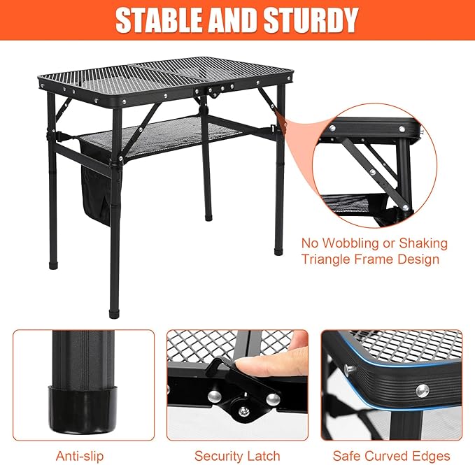 QuliMetal Small Portable Folding Grill Table with Adjustable Height & Mesh Desktop, Lightweight Camping Table – Perfect for BBQ, Picnic, Beach, & Indoor Use – Compact, Durable & Easy to Carry, Black