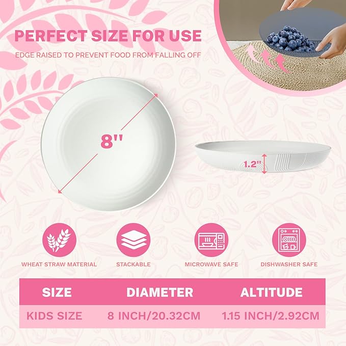 Homienly Wheat Straw Plates, 8 Inch Dessert Plates Set of 8, Unbreakable White Round Plate - Alternative to Plastic Plates, Lightweight Microwave and Dishwasher Safe Plate Set for Camping - White