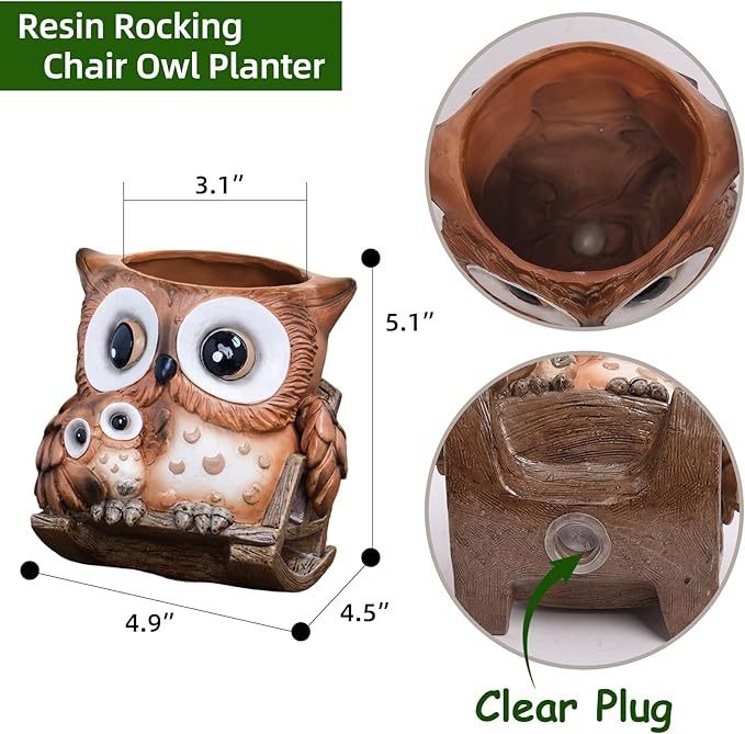 Unique Owl Plant Pots Indoor, Cute Small Succulent Pots with Drainage Hole, Rocking Chair Planters for Outdoor Indoor Plants, Resin Flower Pot for String of Pearls, Gift Ideas for Mother