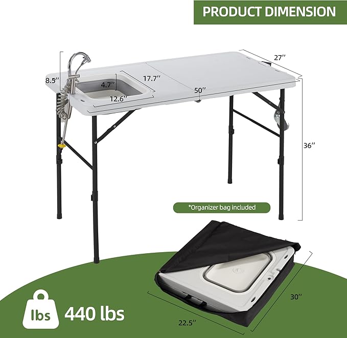 AHB 50" Folding Outdoor Fish Cleaning Table with Sink, Camping Kitchen Station Collapsible Faucet & Stainless Sprayer with 4pcs Fish Cleaning Kit for Camping, Picnic, Beach & Patio