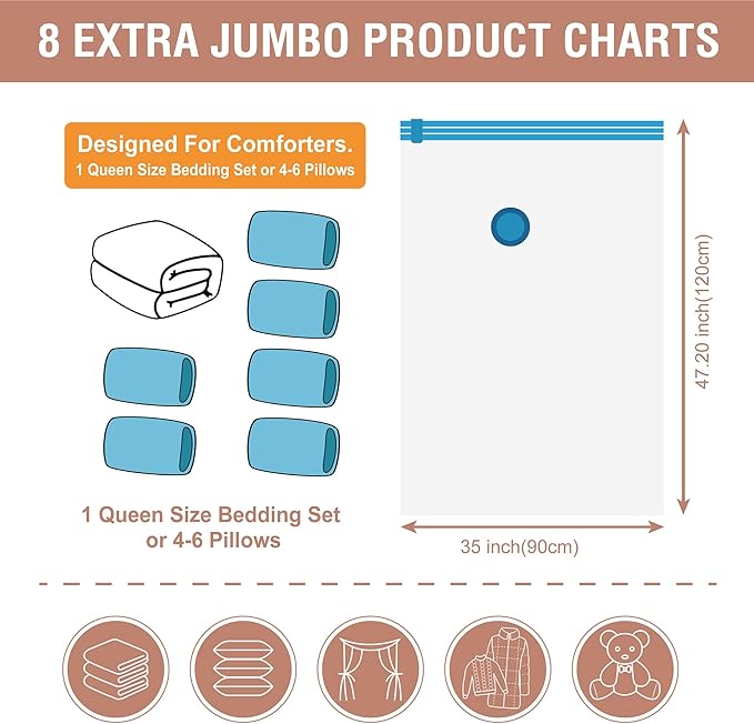 8 Pack XXL Jumbo Vacuum Storage Bags, Extra Large Vacuum Seal Bags for Comforters, Bedding, Blanket Storage, Giant Space Saver Bags for Huge Stuffed Toy(47.2x35 in)