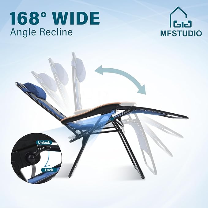 MFSTUDIO Zero Gravity Chairs, Oversized Patio Recliner Chair, Padded Folding Lawn Chair with Cup Holder Tray, Support 400lbs, Cyan
