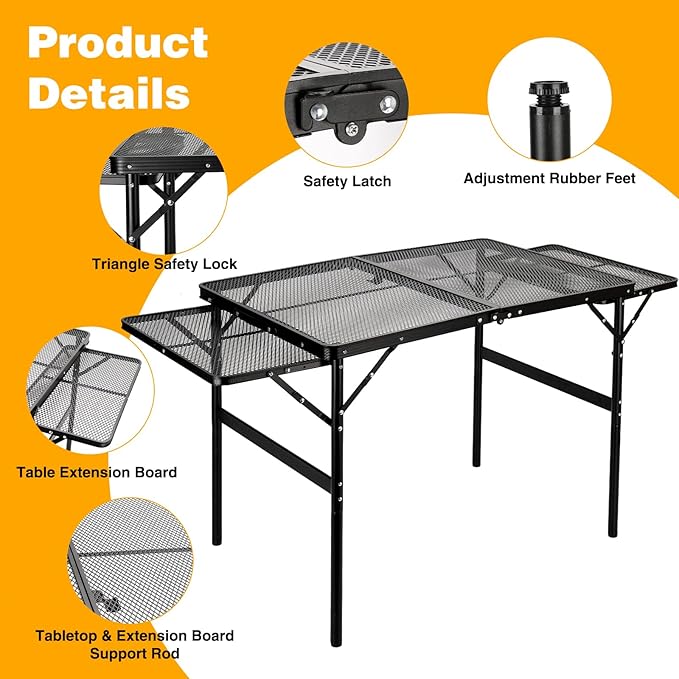 Grill Table 3FT+1.4 FT Folding Table with 2 Wing Panels with Mesh Desktop 2 Height Adjustable Portable Grill for Outdoor Indoor Beach BBQ Picnic Travel RV Black
