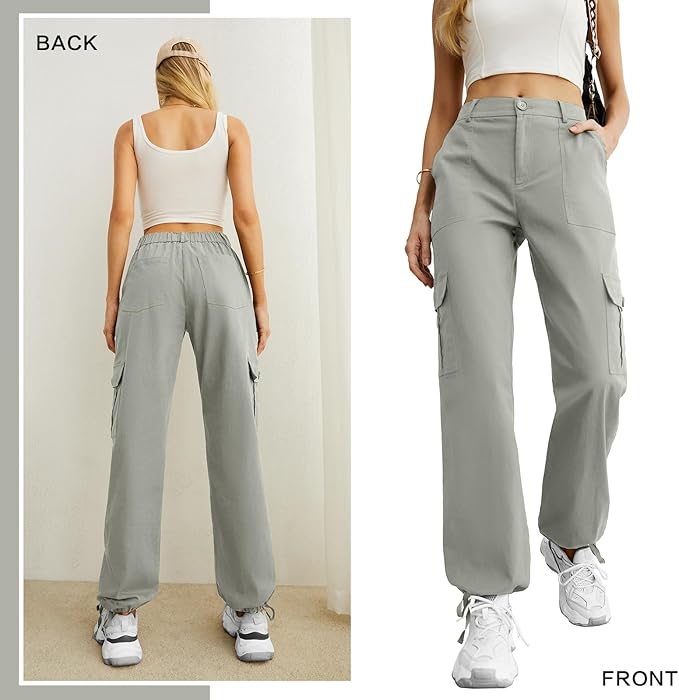 Lepunuo Women's High Waisted Cargo Pants Travel Y2K Streetwear Baggy Stretchy Pants with 6 Pockets Drawstring Ankle Cuffs