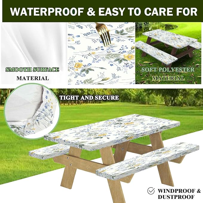 CAPSCEOLL Elastic Picnic Table Cover with Bench Covers 5Ft Waterproof Fitted Picnic Table Cover Cloths for Outdoors Camping Tablecloth with Drawstring Bag, 60X30in, Blue Yellow Flowers
