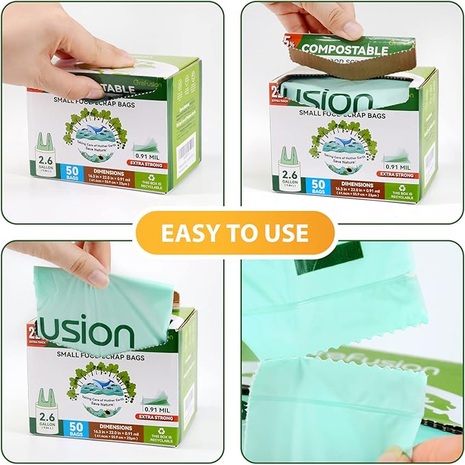 Compostable Trash Bags with handle-tie,Garbage Bags, 2.6 Gallon,Food Waste Bags,Small trash bags for compost bin kitchen,Certified by BPI and OK Compost (2.6G-50count)