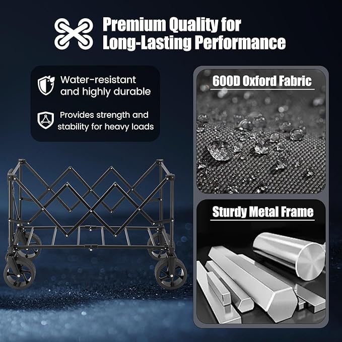 EchoSmile Collapsible Folding Wagon Cart 360lbs, Heavy Duty Garden Utility Cart with All Terrain Wheels, Large Capacity Outdoor Wagon for Camping, Beach, Shopping, Picnic (Blue Black)