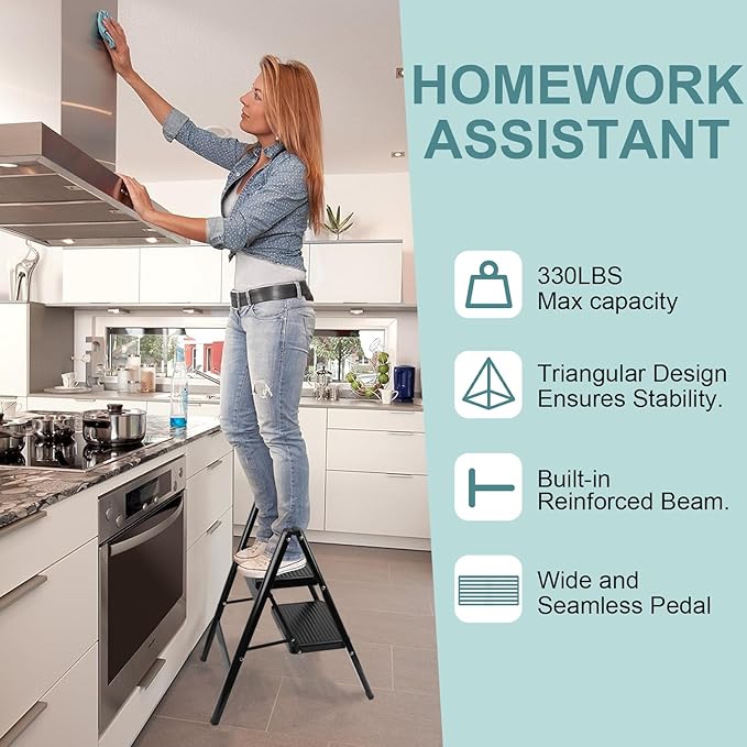 Upgraded 2 Step Ladder, 330 lbs Folding Aluminum Step Stool with Wide Anti-Slip Pedals, Lightweight & Portable Ladder for Kitchen, Closet, Office, Home Use - Black