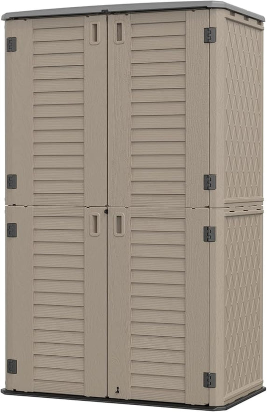 HOMSPARK Storage Shed Weather Resistance, Multi-Purpose Outdoor Storage Cabinet Waterproof, Outdoor Storage Cabinet for Garbage Cans, Lawnmower, Garden Accessories (Coffee, Tall shed-53 cu ft)