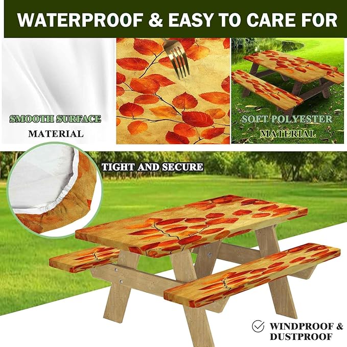 CAPSCEOLL Elastic Picnic Table Cover with Bench Covers 5Ft Waterproof Fitted Picnic Table Cover Cloths for Outdoors Camping Tablecloth with Drawstring Bag, 60X30in, Burnt Orange Leaves