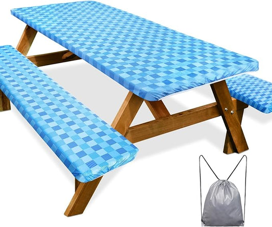 Picnic Table Cover with Bench Covers Camping Essentials Waterproof Windproof Camping Tablecloth with Drawstring Bag, Fitted Rectangle Tables and Seats, 72in, Blue