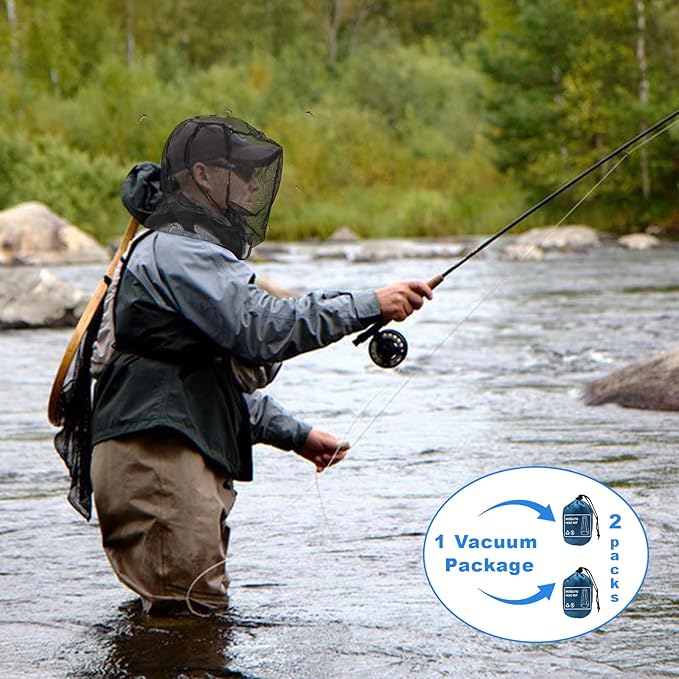 South to East Premium Mosquito Head Net for Insect 2 Pack, Ultra Clear View, Extra Fine Holes, Chemical-Free Fly & Bug Protection for Camping, Hiking, Fishing, Safari, Fit All Hats for Men & Women