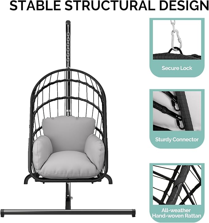 YITAHOME Hanging Egg Chair with Stand, Rattan Wicker Swing Egg Chair with Resistant Cushion, 370lbs Capacity, Foldable Hanging Basket Chair for Porch, Garden, Bedroom, Balcony - Grey