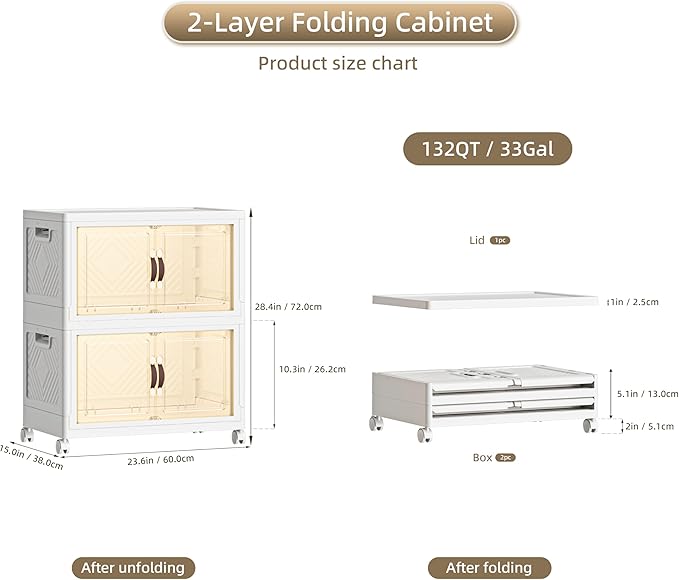 132 QT / 33 Gal White Storage Bins with 1 Lid - Collapsible Stackable Cabinet Organizer w/Wheels & Magnetic Doors, Plastic Storage Box for Office Closet Organization