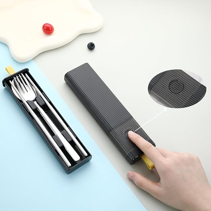 DEVICO Travel Utensils with Case, 18/8 Stainless Steel Reusable Silverware Set for Lunch Box, Portable Cutlery Set, Fork and Spoon Set for Camping, Lunch, Picnic, Workplace, School (Black)