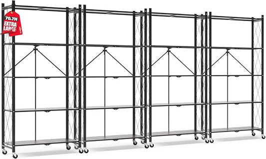 ALANNG 70.7" H Metal Storage Shelves, 5 Tier Folding Shelf on Wheels, Heavy Duty, No Assembly, Rolling, Collapsible Rack Unit for Kitchen, Basement, Pantry (Black,4 Pack)