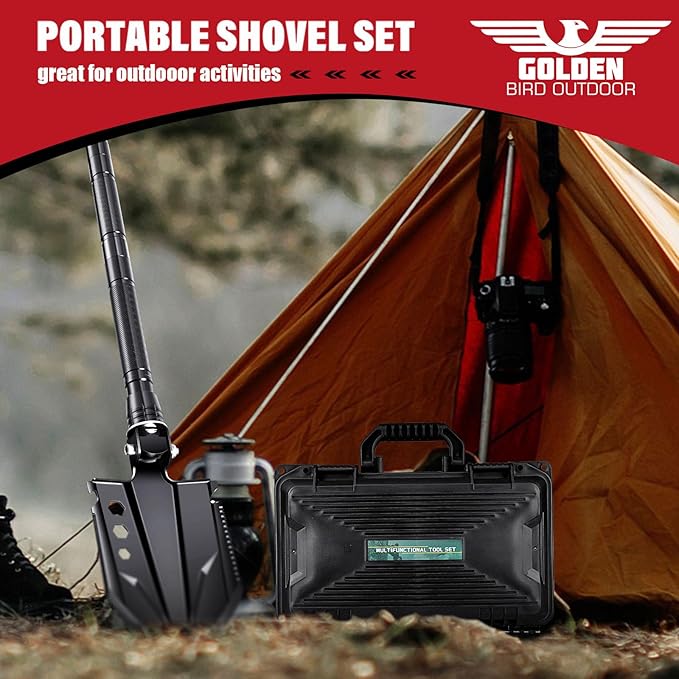 Golden Bird Survival Shovel Set - Multi-Tool Folding Camping Shovel with Carrying Case for Outdoor, 30 Inch Lengthened Handle Tactical Shovels, Off-Road, Gardening, Beach, Sand & Snow, Car Emergency