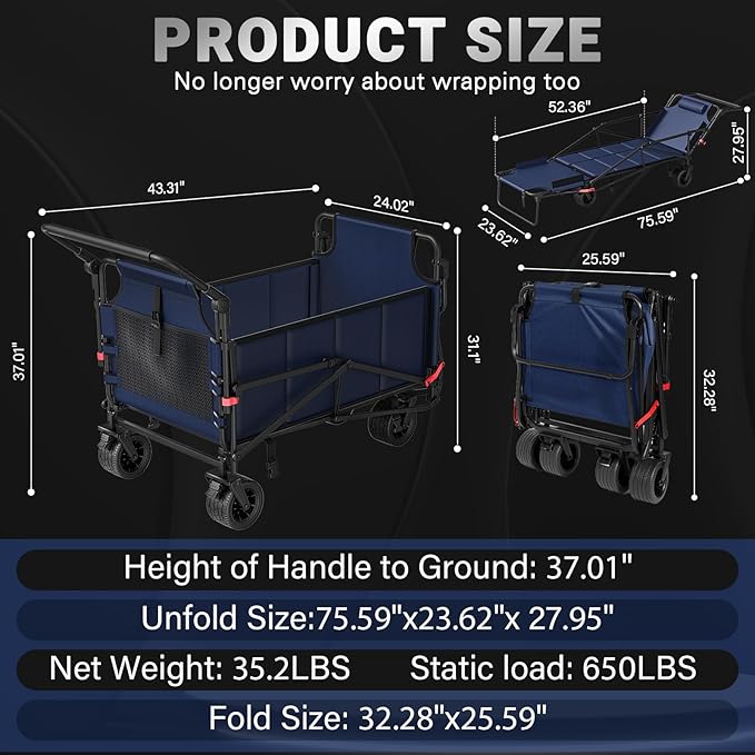 LEVELEVE Heavy Duty Folding Wagon - 2-in-1 Collapsible Cart, 400lb Capacity, All-Terrain Wheels w/Brakes & Side Pockets (Blue)