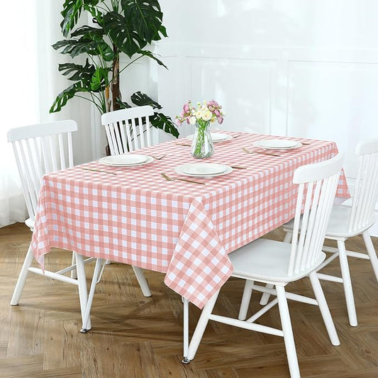 Romanstile Rectangle Plastic Tablecloth, 100% Waterproof Oil-Proof Checkered PVC Table Cloth, Heavy Duty Vinyl Table Cover for Dining, Camping, Picnic, Outdoor - 54 x 54 Inch, Light Pink