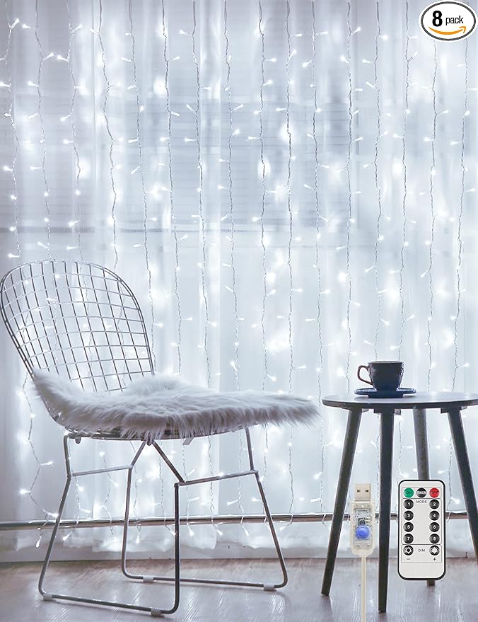suddus White Curtain Lights for Bedroom Wall, 200 Led Twinkle Lights with Remote 8 Modes Timer, USB Plug-in String Lights for Wedding, Party, Backdrop, Birthday, Window Decorations, (6.5ft*6.5ft)