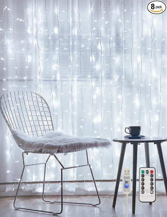 suddus White Curtain Lights for Bedroom Wall, 200 Led Twinkle Lights with Remote 8 Modes Timer, USB Plug-in String Lights for Wedding, Party, Backdrop, Birthday, Window Decorations, (6.5ft*6.5ft)